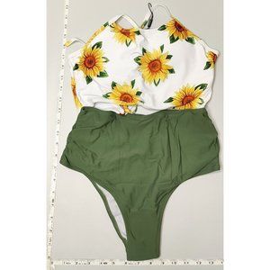 NWT ZAFUL Small Tankini High Waist Sunflower print Green bikini set
